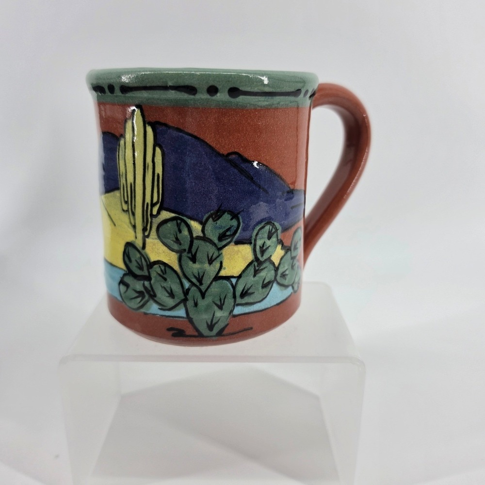 Southwestern Studio Pottery Cactus Mug Hand Painted Terracotta Desert 4in